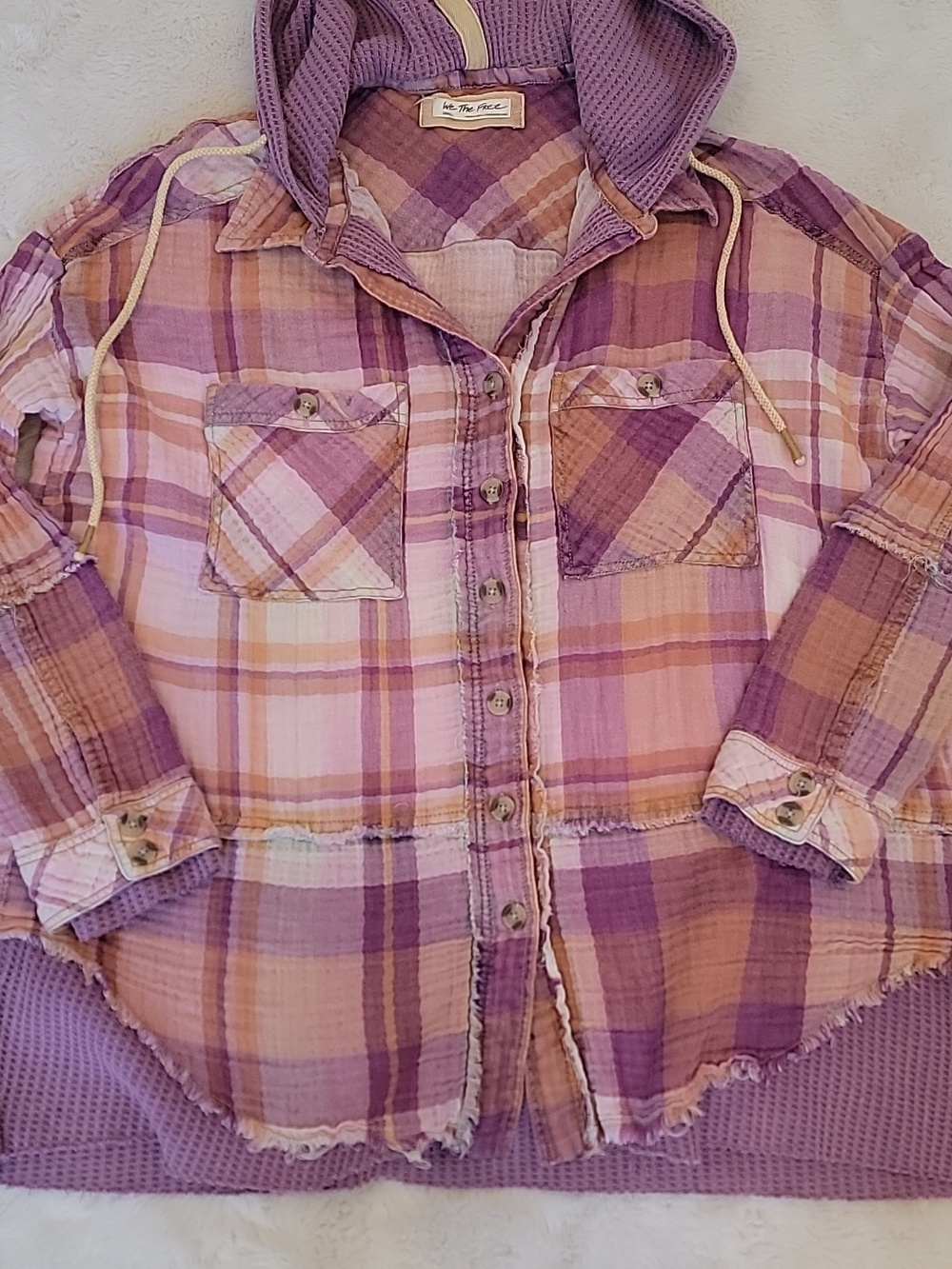 Free People We The Free Lavender Plaid Waffle Hooded Distressed Button-Up. Small